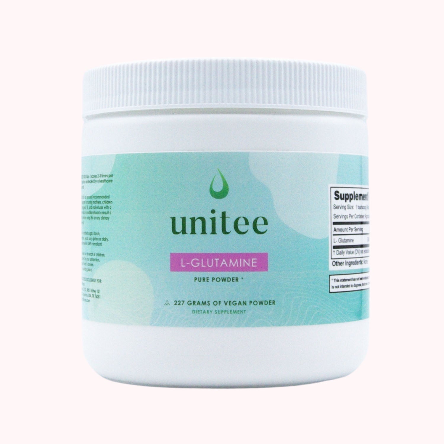 A white plastic container with a label that reads 'unitee L-Glutamine Pure Powder', indicating the product is a vegan powder with 257 grams of content.
