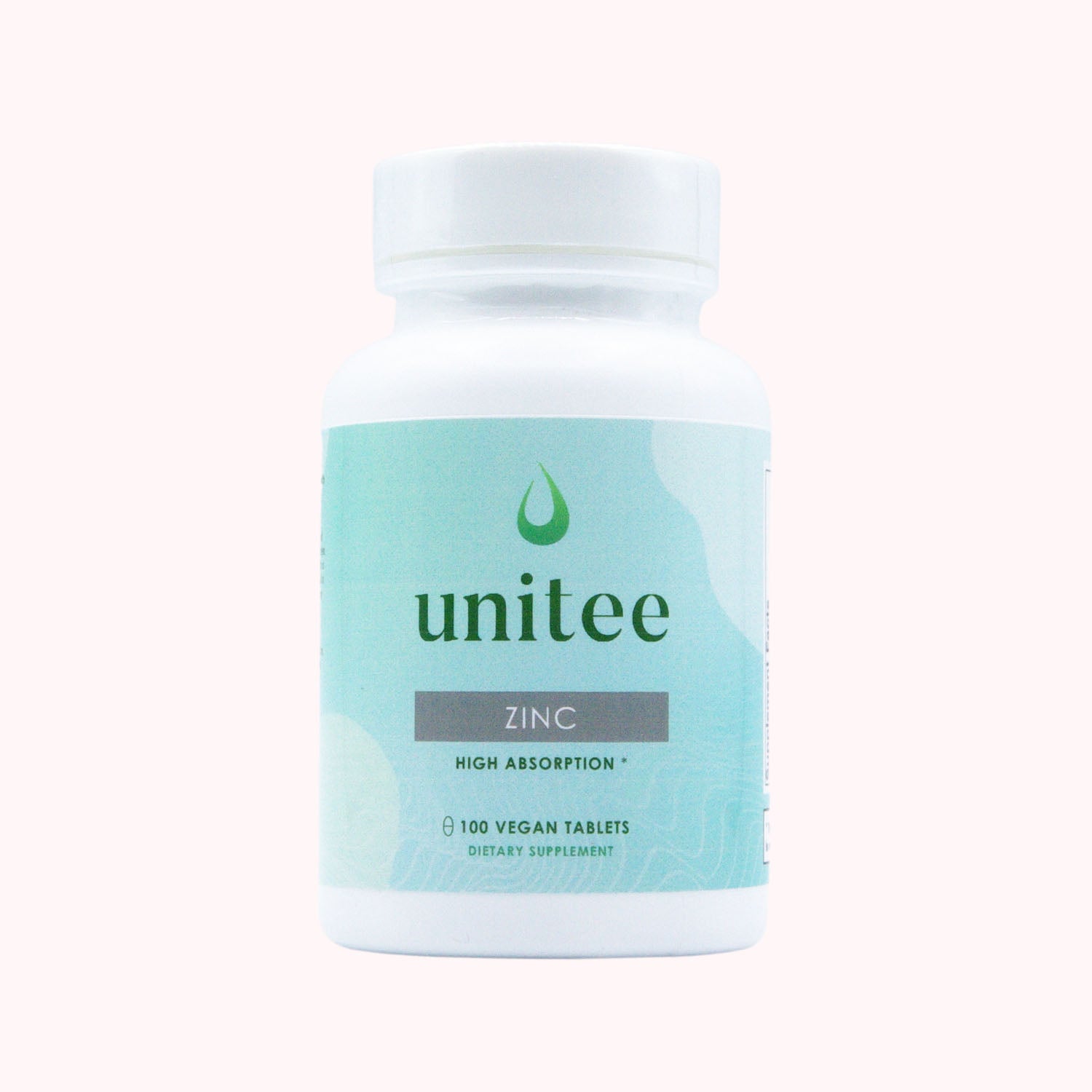 A bottle of Unitee brand zinc supplement with high absorption, containing 180 vegan tablets, in a white and green label.